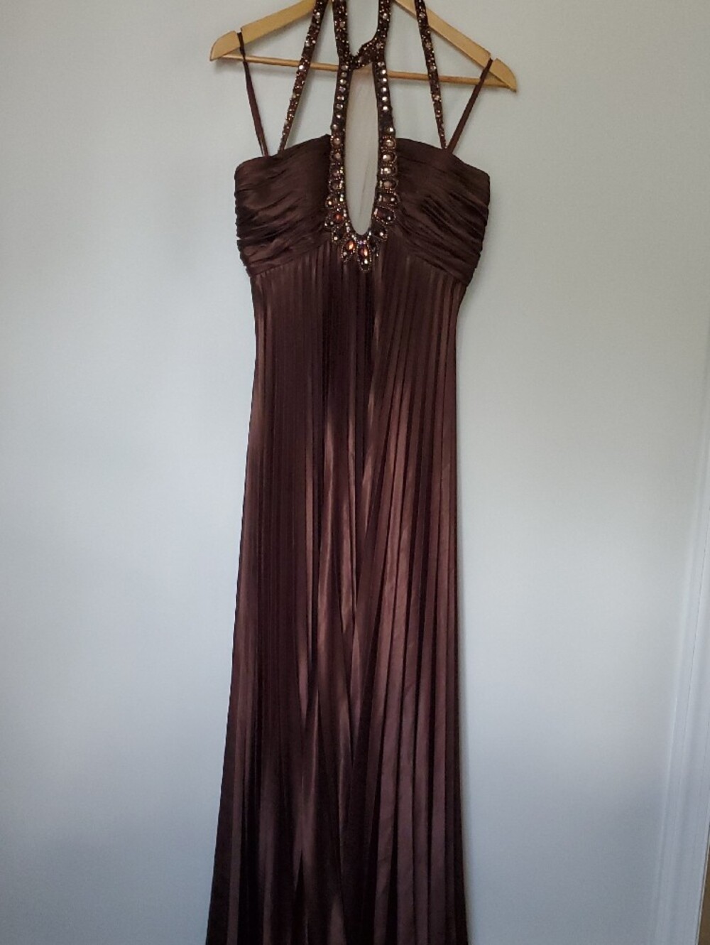 Vintage Embellished Halter Pleated Maxi Dress in Brown